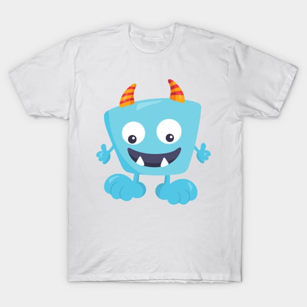 Cute Monster, Blue Monster, Funny Monster, Horns T-Shirt by Jelena Dunčević